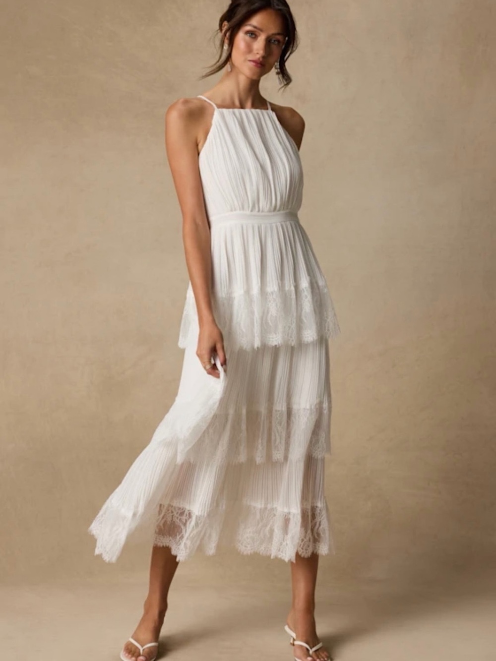Lulu's White Tiered Lace Pleated Midi Dress